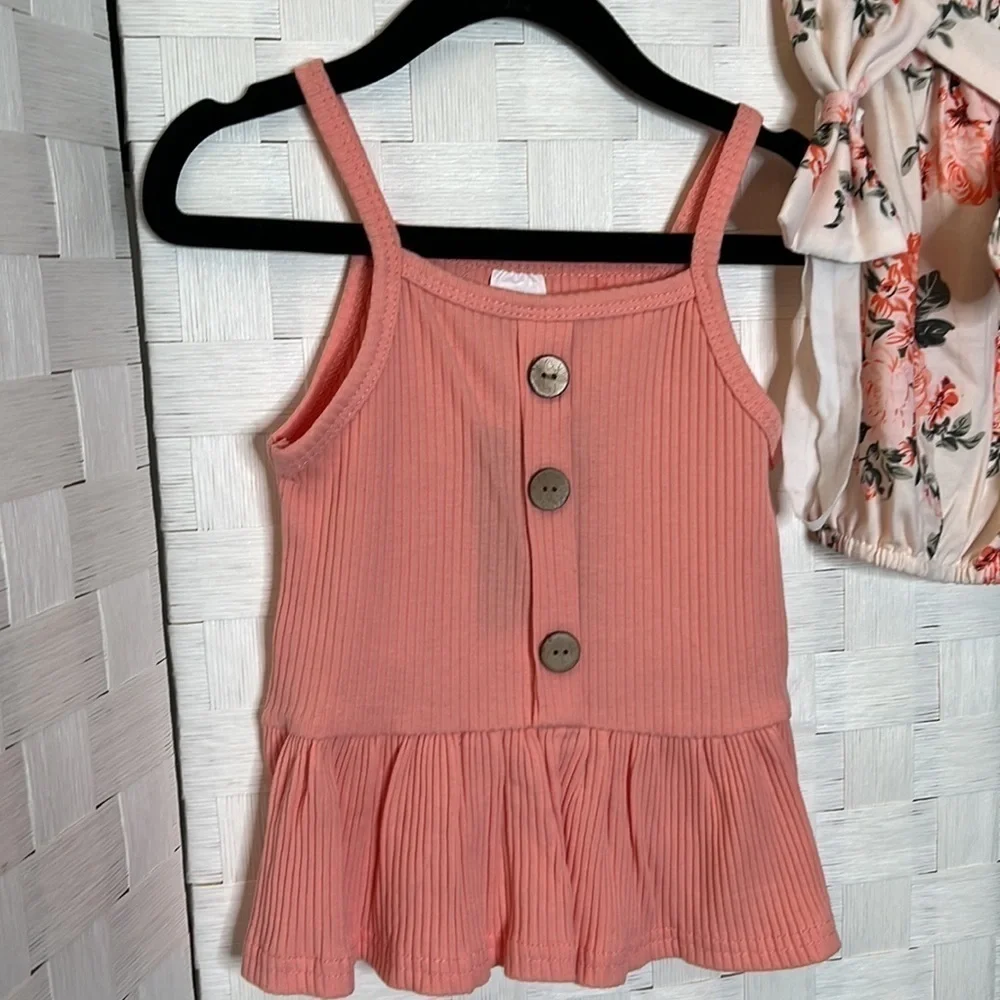 PINK floral 3 pcs baby shorts set Ruffle tank top